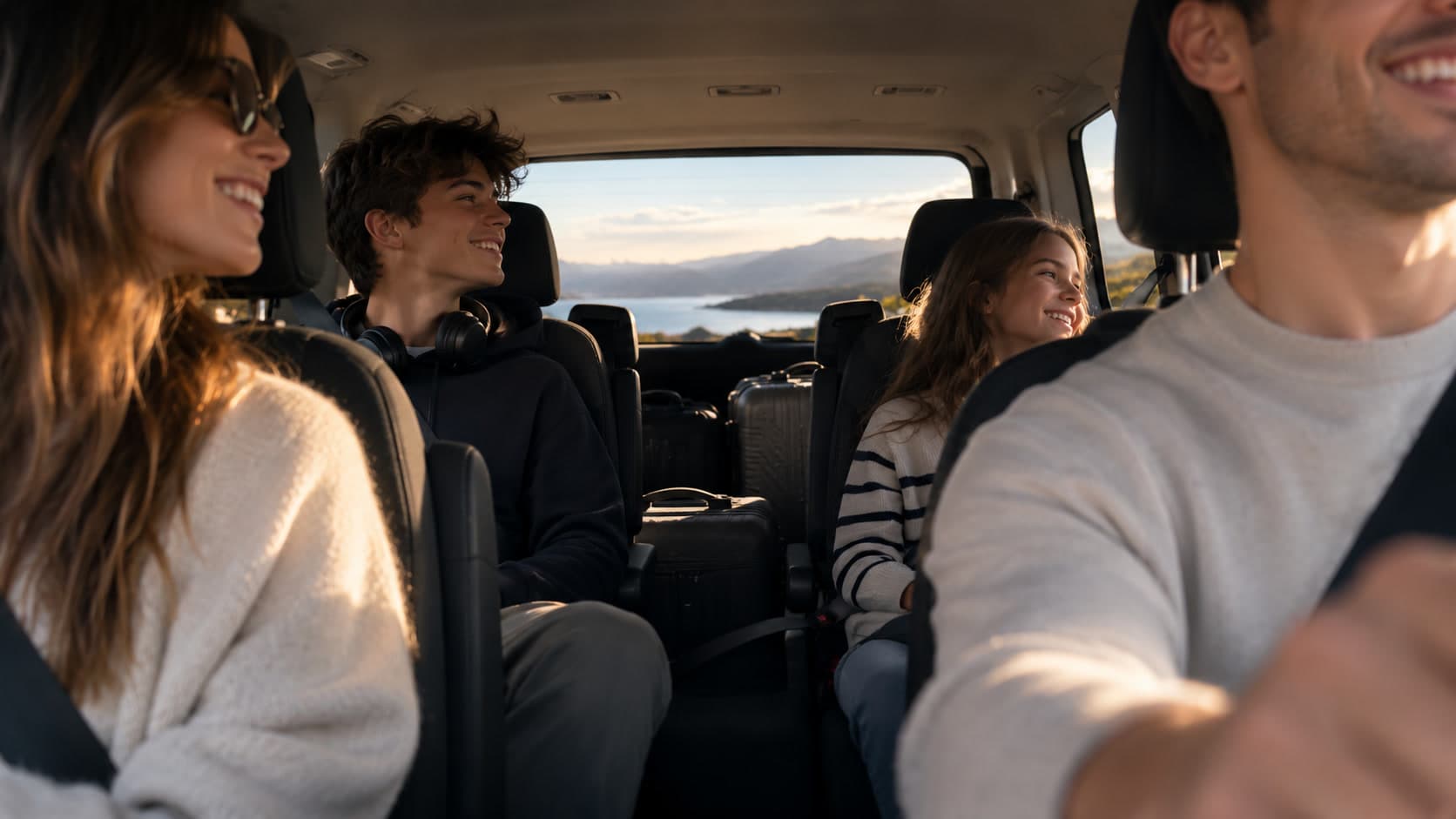 Familia viajando con sus maletas en el taxi de 6 plazas